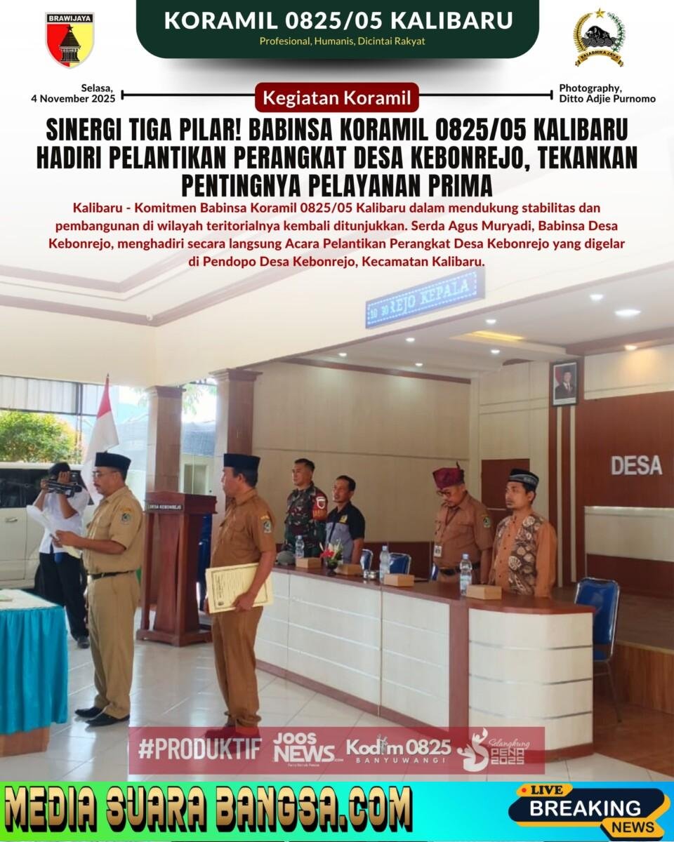 Sinergi Tiga Pilar! Babinsa Koramil 0825/05 Kalibaru Hadiri Pelantikan Perangkat Desa Kebonrejo, Tekankan Pentingnya Pelayanan Prima
