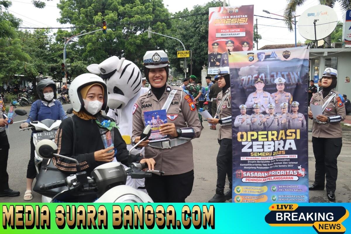 Operasi Zebra Semeru Polres Magetan Berbagi Bunga dan Coklat Ajak Warga Tertib Lalin